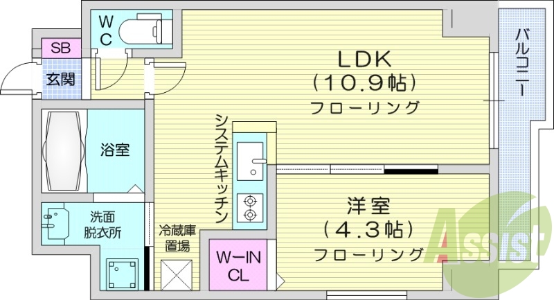 1LDK、都市ガス、エアコン、システムキッチン、浴室乾燥機