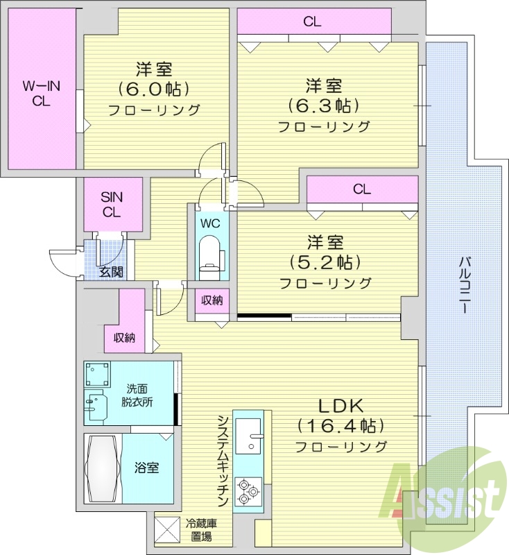 3LDK、都市ガス、エアコン、システムキッチン、浴室乾燥機