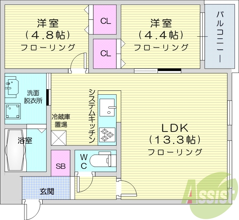 2LDK、エアコン、トランクルーム、1坪バス