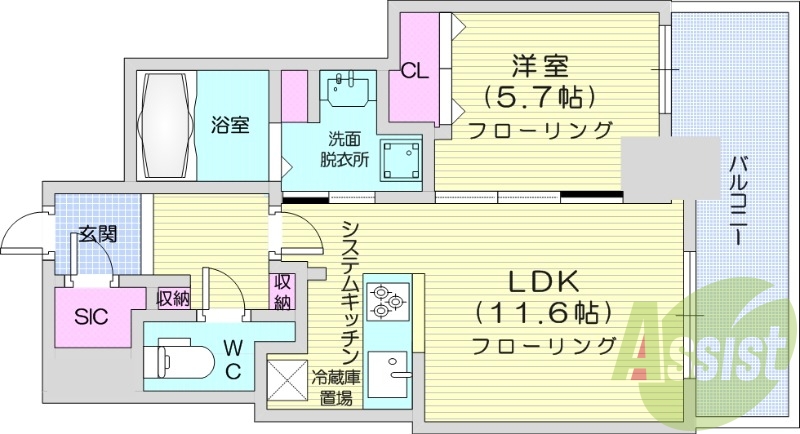 1LDK、IHシステムキッチン、食器洗浄乾燥機