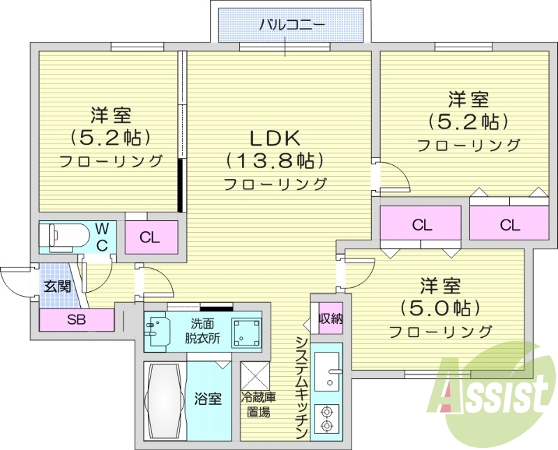 3LDK、エアコン、システムキッチン、オートロック