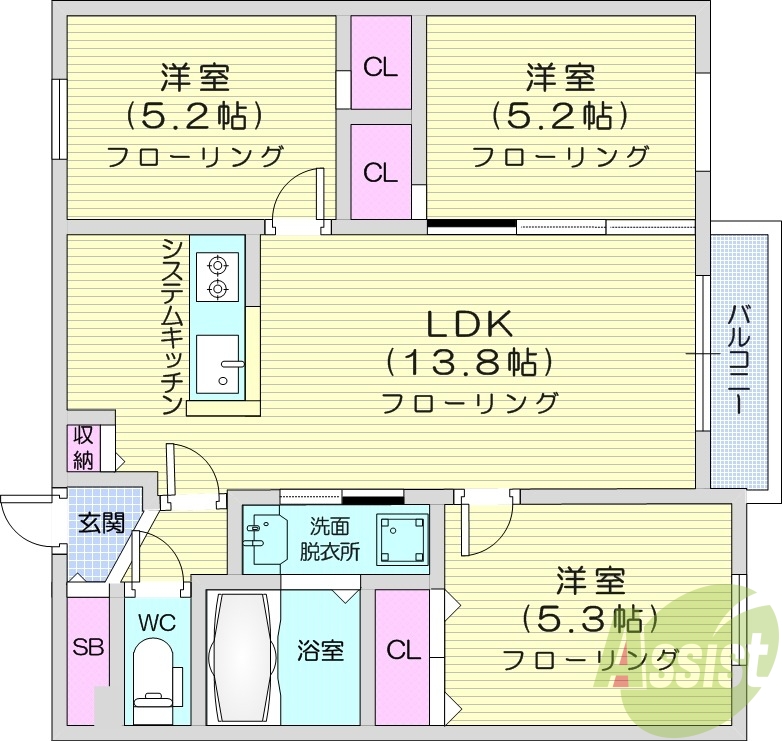 3LDK、エアコン、システムキッチン、オートロック
