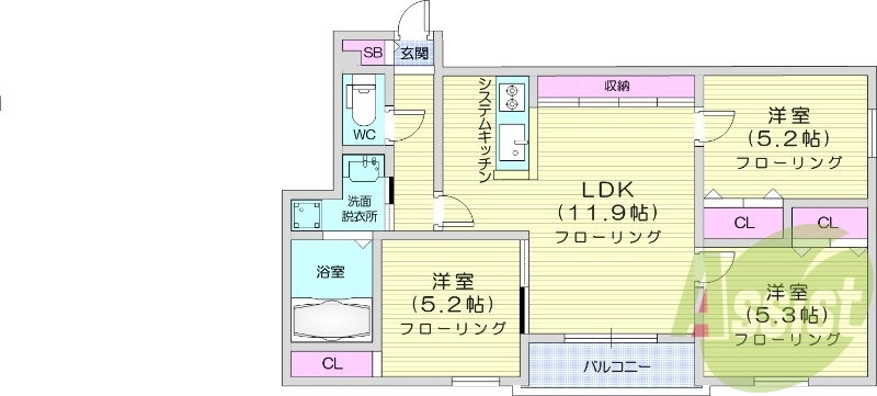 3LDK、エアコン、システムキッチン、オートロック