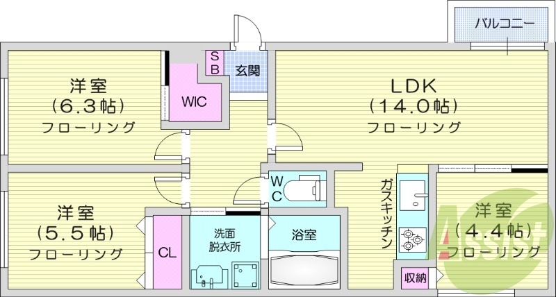 3LDK、ガスリミット制、エアコン、システムキッチン