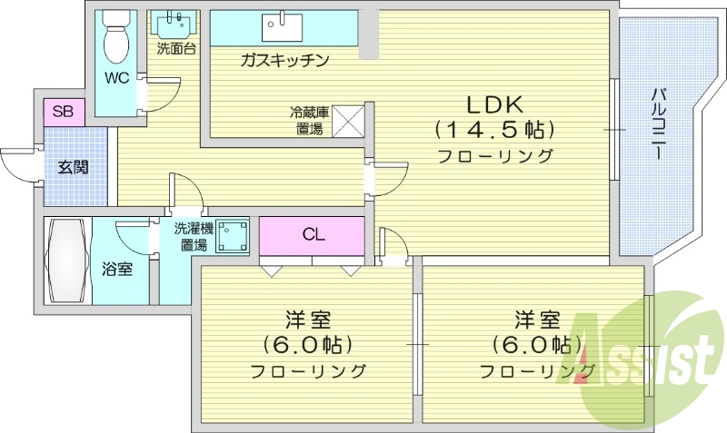 2LDK、オートロック、モニターホン、都市ガス