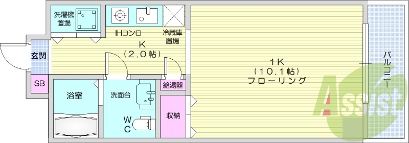 1K、オートロック、独立洗面台、室内洗濯機置場