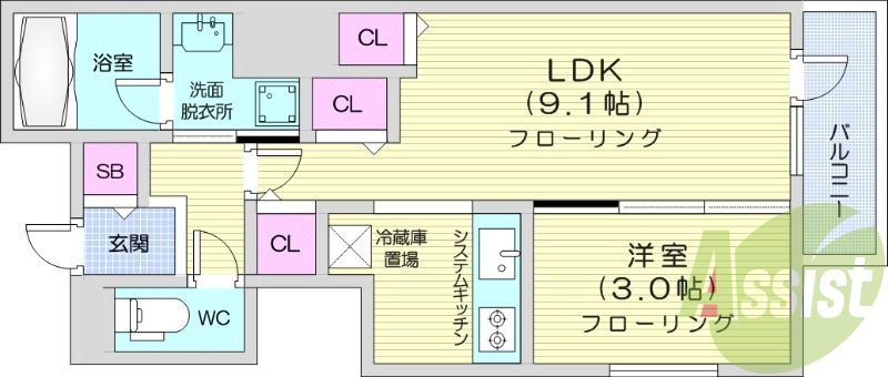 1LDK、都市ガス、追い焚き、独立洗面台、システムキッチン