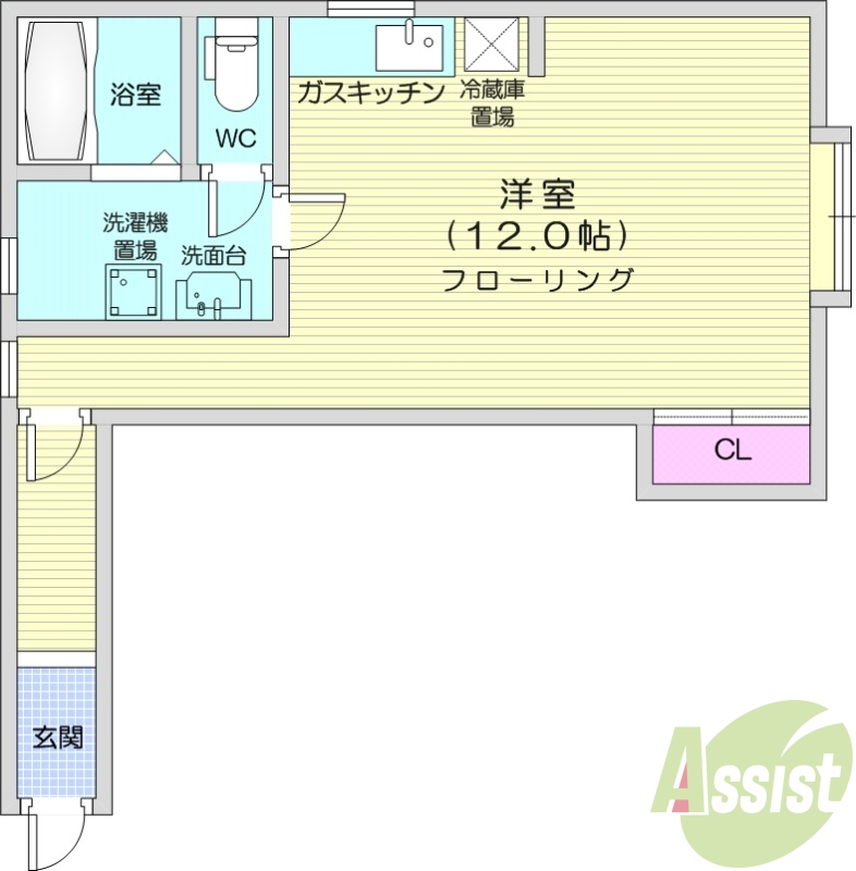 1K、都市ガス、給湯灯油、クローゼット、バストイレ別