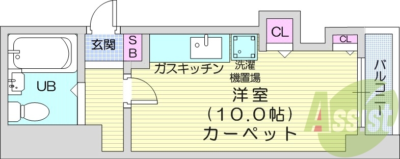 1R、防犯カメラ、バルコニー、都市ガス、角部屋
