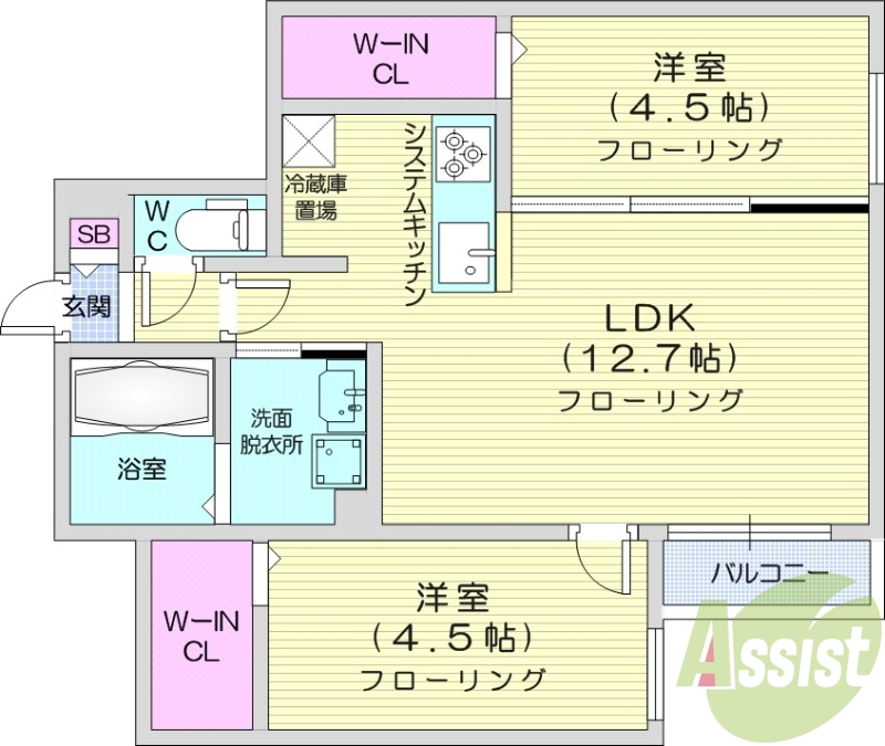 2LDK、都市ガス、エアコン、システムキッチン、ネット無料