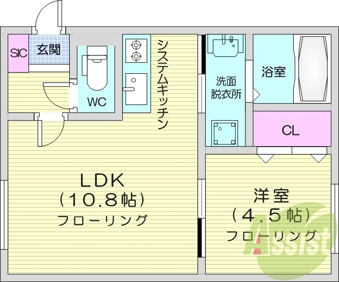 1LDK、都市ガス、エアコン、システムキッチン、ネット無料