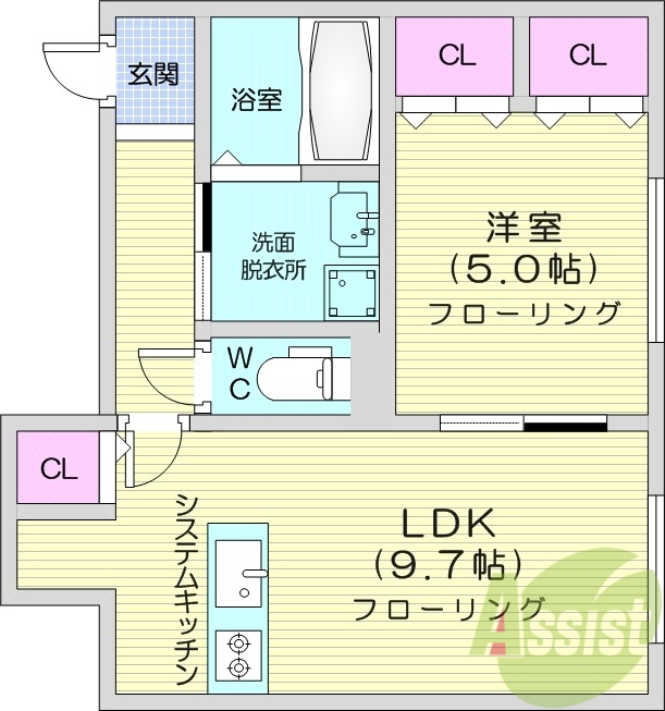 1LDK、都市ガス、エアコン、システムキッチン、ネット無料