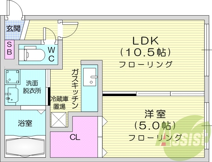 1LDK、オートロック、モニターホン、独立洗面台
