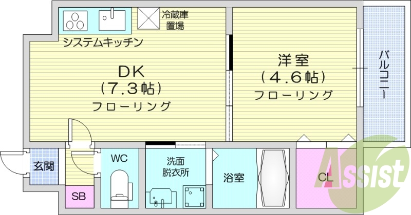 1DK、都市ガス、エアコン、システムキッチン、独立洗面台