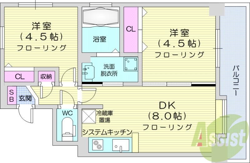 2DK、オートロック、エアコン、角部屋、電気暖房