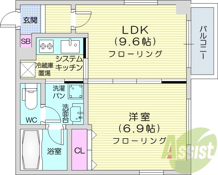 1LDK、エアコン、ネット無料、システムキッチン