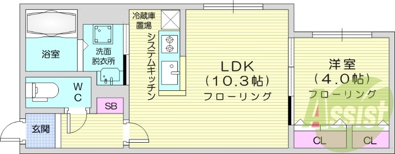 1LDK、都市ガス、システムキッチン、エアコン