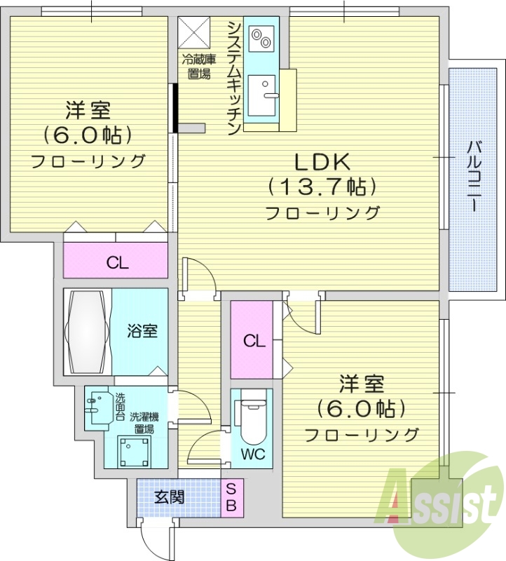 2LDK、バストイレ別、エアコン、システムキッチン