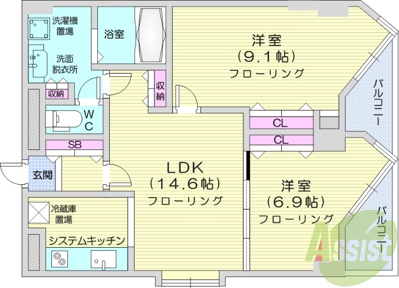 2LDK、システムキッチン、エアコン、光ファイバー