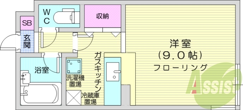 1K、カメラ付きインターホン、バストイレ別