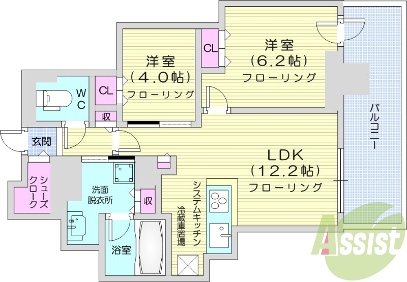 2LDK、都市ガス、追い焚き、浴室乾燥、システムキッチン