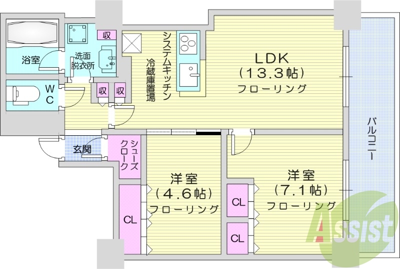 2LDK、都市ガス、追い焚き、浴室乾燥、システムキッチン