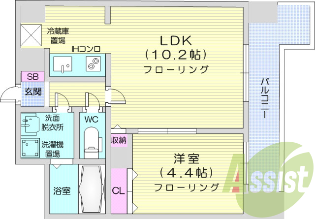 1LDK、システムキッチン、ウォシュレット、シューズボックス