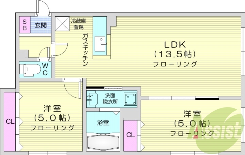 2LDK、エアコン、独立洗面台、シャワートイレ、灯油暖房