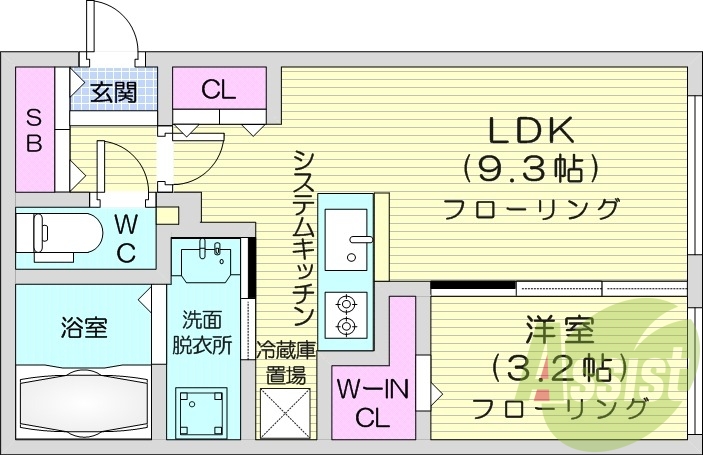 1LDK、都市ガス、エアコン、浴室乾燥機、システムキッチン