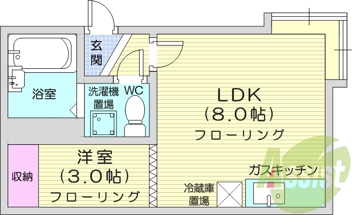 1LDK、バストイレ別、ガスFF暖房、室内洗濯機置場