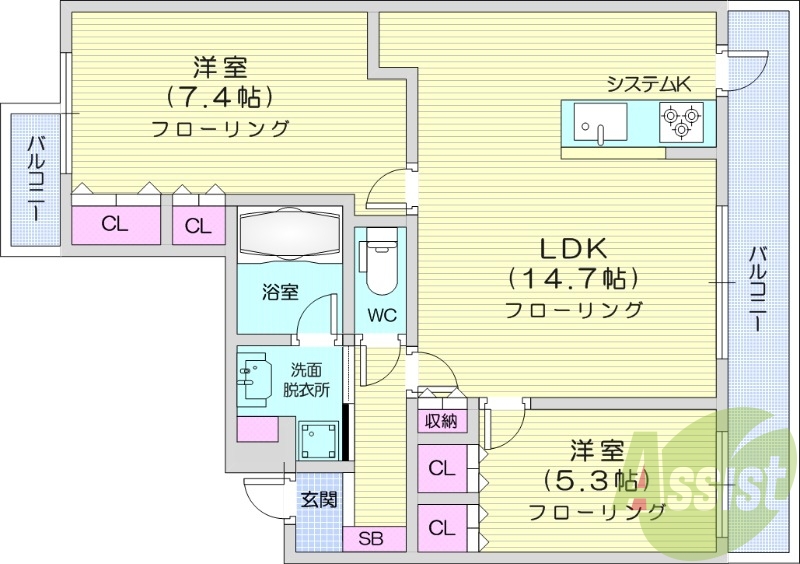 2LDK、分譲タイプ、都市ガス、追い焚き、浴室乾燥機
