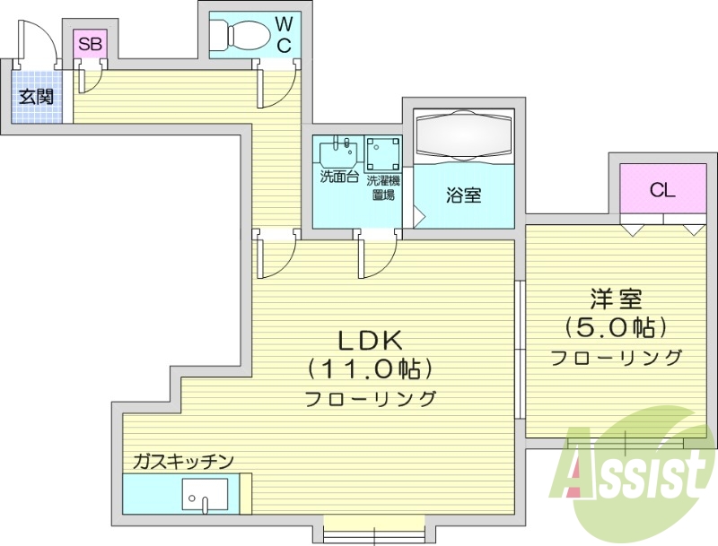1LDK、灯油暖房、インターネット無料、脱衣所