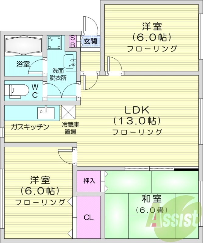 3LDK、エアコン、灯油暖房、洗髪洗面化粧台