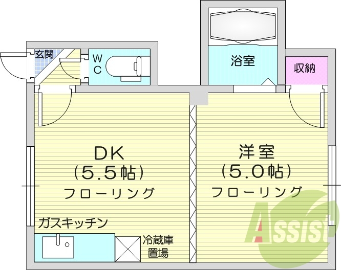 1DK、押入、バストイレ別、ガスキッチン、洗濯機置場