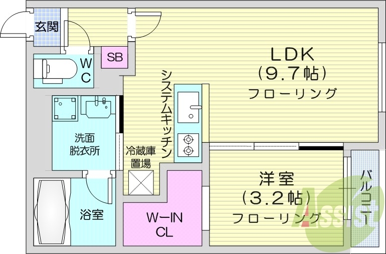 1LDK、エアコン、システムキッチン、オートロック