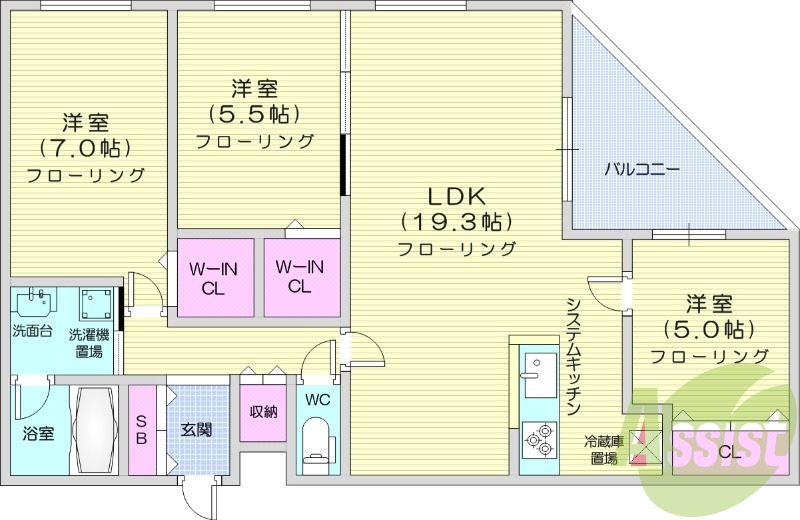 3LDK、オートロック、エアコン、システムキッチン