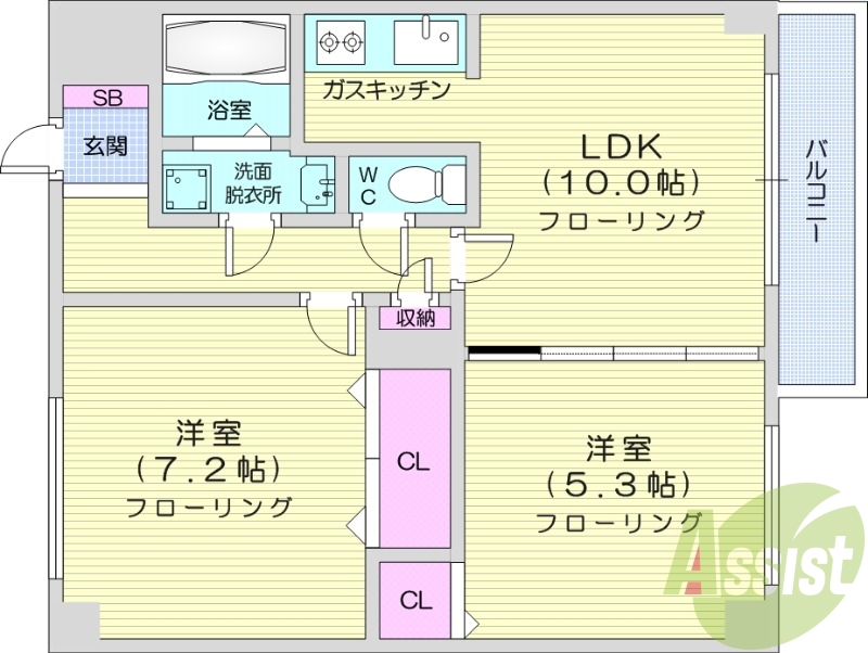 2LDK、独立洗面台、ガス暖房、インターネット使用料不要