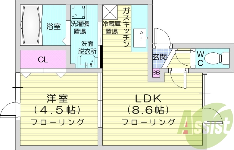 1LDK、灯油暖房、バストイレ別、室内洗濯機置場