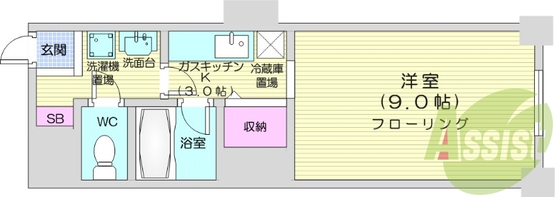 1K、都市ガス、オートロック、シューズボックス