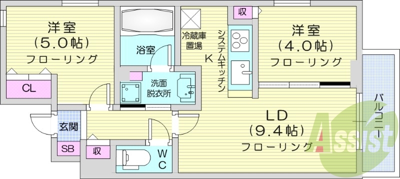 2LDK、エアコン、食器洗浄乾燥機、システムキッチン