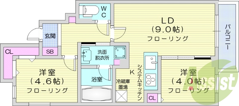 2LDK、エアコン、食器洗浄乾燥機、システムキッチン