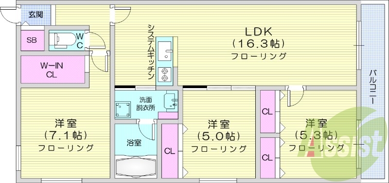 3LDK、エアコン、システムキッチン、追い焚き、ネット無料