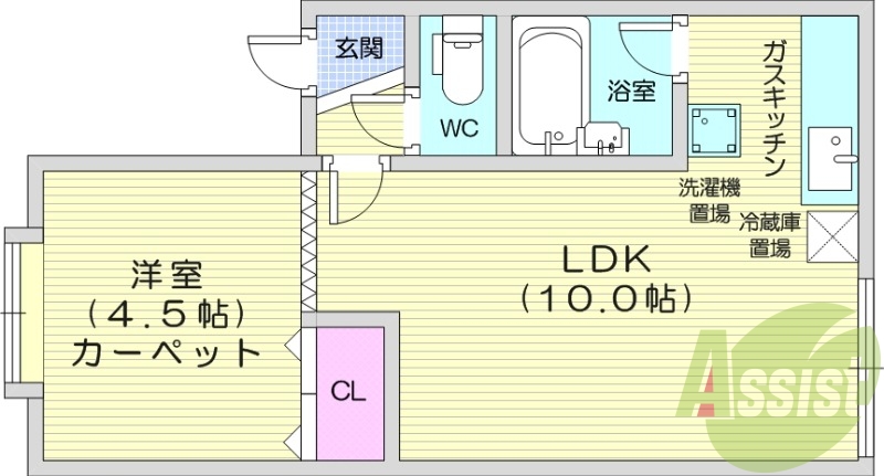 1LDK、シャワートイレ、バストイレ別、ガスキッチン