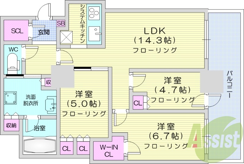 3LDK、エアコン、システムK、ウォークインクローゼット