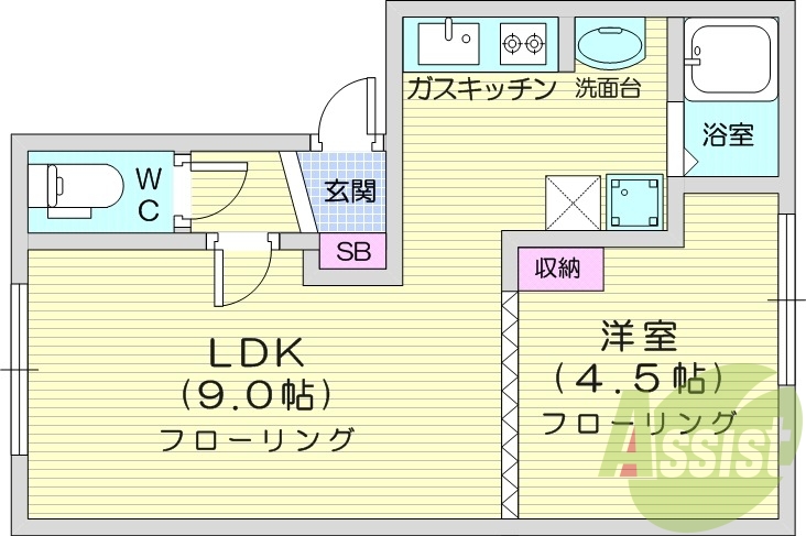 1LDK、ガスキッチン、室内洗濯機置場、インターネット無料