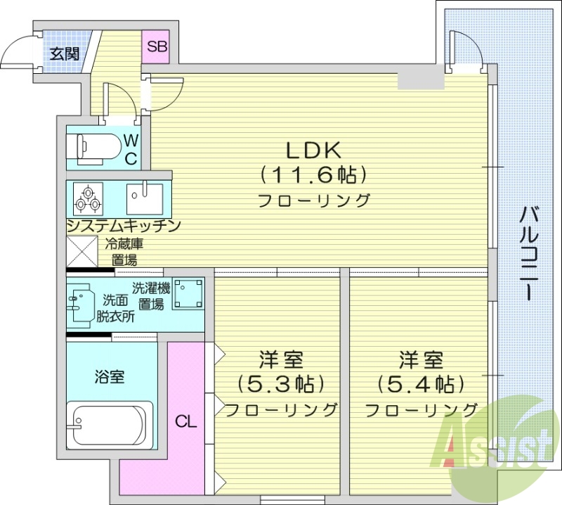 2LDK、クローゼット、ウォシュレット、システムキッチン