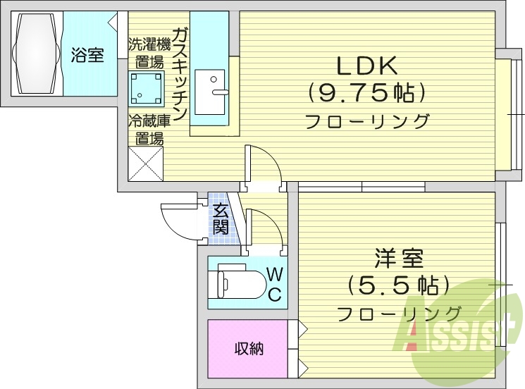 1LDK、エアコン、灯油暖房、光回線、バストイレ別