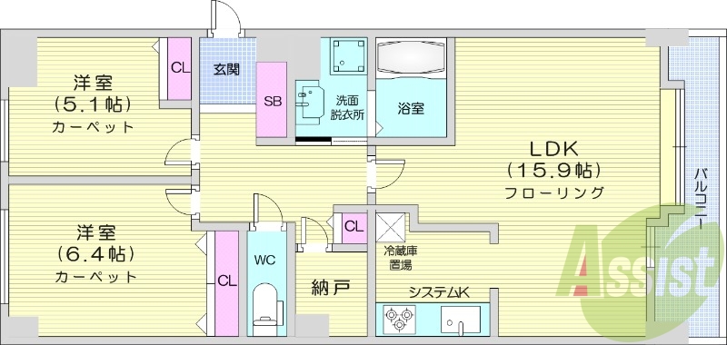 2LDK、オートロック、都市ガス、TVモニターホン