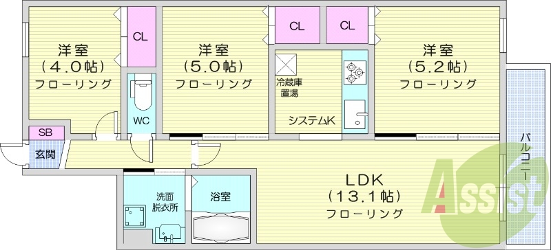 3LDK、都市ガス、エアコン、追い焚き、システムキッチン