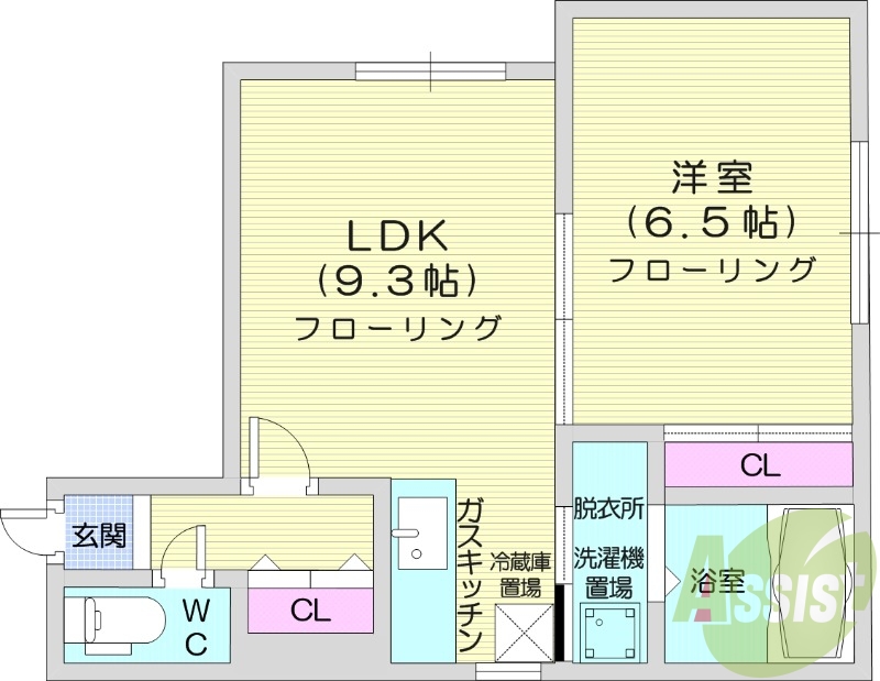 1DK、クローゼット2か所、脱衣所、洗濯機置場、ガスキッチン